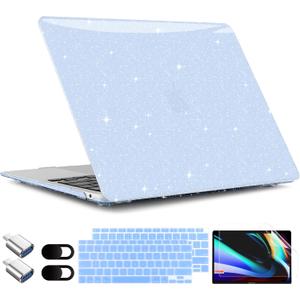 TWOLSKOO Glitter Sparkly Case for MacBook Air 13 Inch, Plastic Hard Shell Case with Keyboard Cover & Type C Adapter 2 Pack & Camera Cover, Star Blue