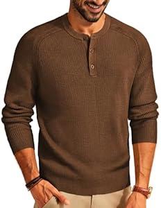PJ PAUL JONES Men's Henley Sweater Shirt Pullover Sweater Crewneck Jumper Knitwear Coffee M