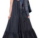 Adogirl Women's Sexy Spaghetti Strap Sleeveless Ruched Ruffle Hem Bandage Oversized Beach Loose Long Maxi Swing Dress (Large, Black)