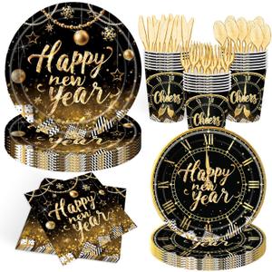 140pcs Happy New Year Party Supplies Black and Gold Tableware Set New Years Eve Paper Plates and Napkins New Year 2025 Party Decorations Dinnerware Holiday Party Celebration,Serve for 20 Guests