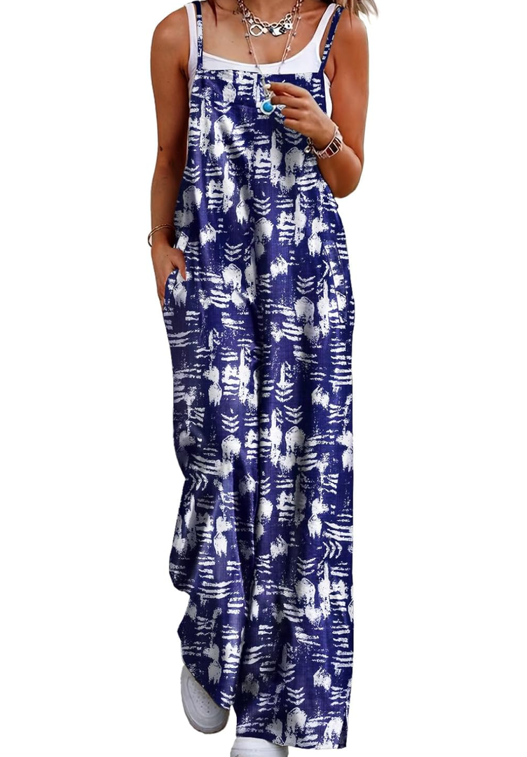 YESNO Women's Summer Boho Casual Jumpsuits Wide Leg Overalls Floral Print Baggy Rompers with Pockets, Size S