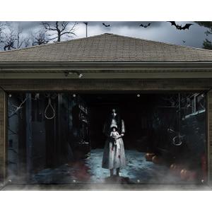 Halloween Garage Door Banner Decoration Magnetic Ghost Girl Garage Door Covers Large Scary Backdrop Decorations for Halloween Indoor/outdoor Party Decor(7 x 16 ft)