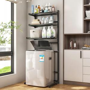 ABCOOL Over The Toilet Washer Organzier Adjustable Stand Storage Rack for Laundry Shelf Bathroom Space Save with Height Adjustable Drawer Table (3 Tier Washer, Black)