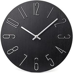 jomparis Wall Clock 12" Silent Non-Ticking Modern Style Wooden Wall Clocks Decorative for Office Home Bedroom School (Black)