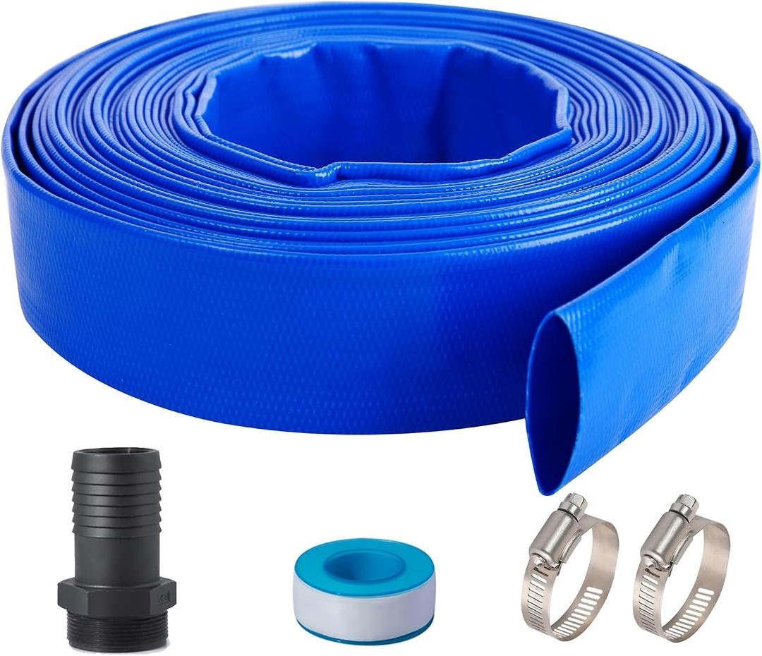 1-1/2" (Flat 2.6 width) x 100 FT Pool Backwash Hose Kit with Male NPT Adapter, Blue Reinforced Pool Drain Discharge Hose for Swimming Pool Filter Pump,with 2 Clamp and Thread Seal Tape