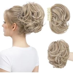 youngways Claw Clip Short Ponytail Messy Bun Hair Piece Bendable Hair Branch Extensions Fluffy Wavy Curly Synthetic Versatile Ivory Blonde Hairpieces