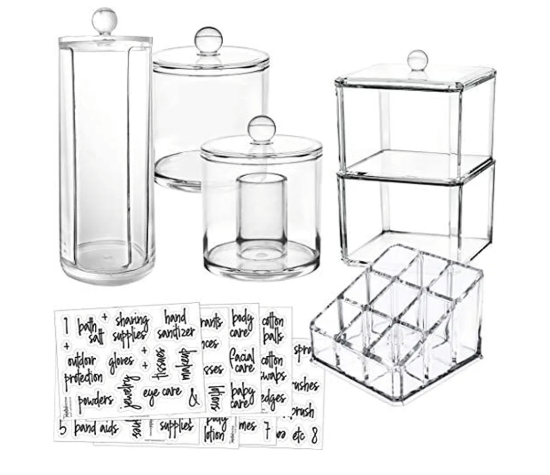 6-Pack Makeup Organizer Acrylic Plastic Containers. Bathroom Beauty Storage Set: 5 Canisters & 107 Printed Labels Organization