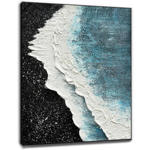AntExpanse Hand Painted 3D Textured Canvas Wall Art, Framed Black White and Blue Beach Oil Paintings, Abstract Modern Artwork Quartz Sand Wall Painting for Living Room Bedroom Wall Dcor(16x24 inch)