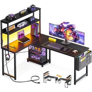 ODK 53 Inch L Shaped Desk with LED Lighting, Reversible Gaming Desk with Power Outlets, Cornor Computer Table with Storage Shelves & Bag & Iron Hook, Home Office Table for Writing, Study, Black