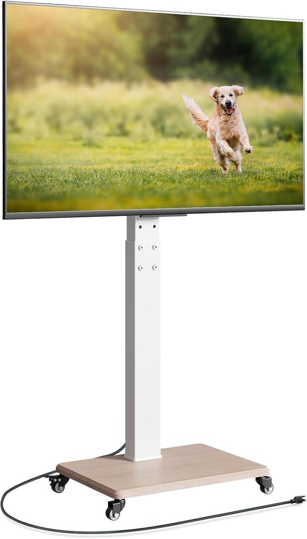 Rolling TV Stand with Power Outlet for 32-75 Inch TVs, Swivel Mobile TV Cart on Wheels, Height Adjustable Tilting Outdoor TV Stand up to 110lbs for Indoor/Outdoor Use, Max VESA 600x400mm (White)