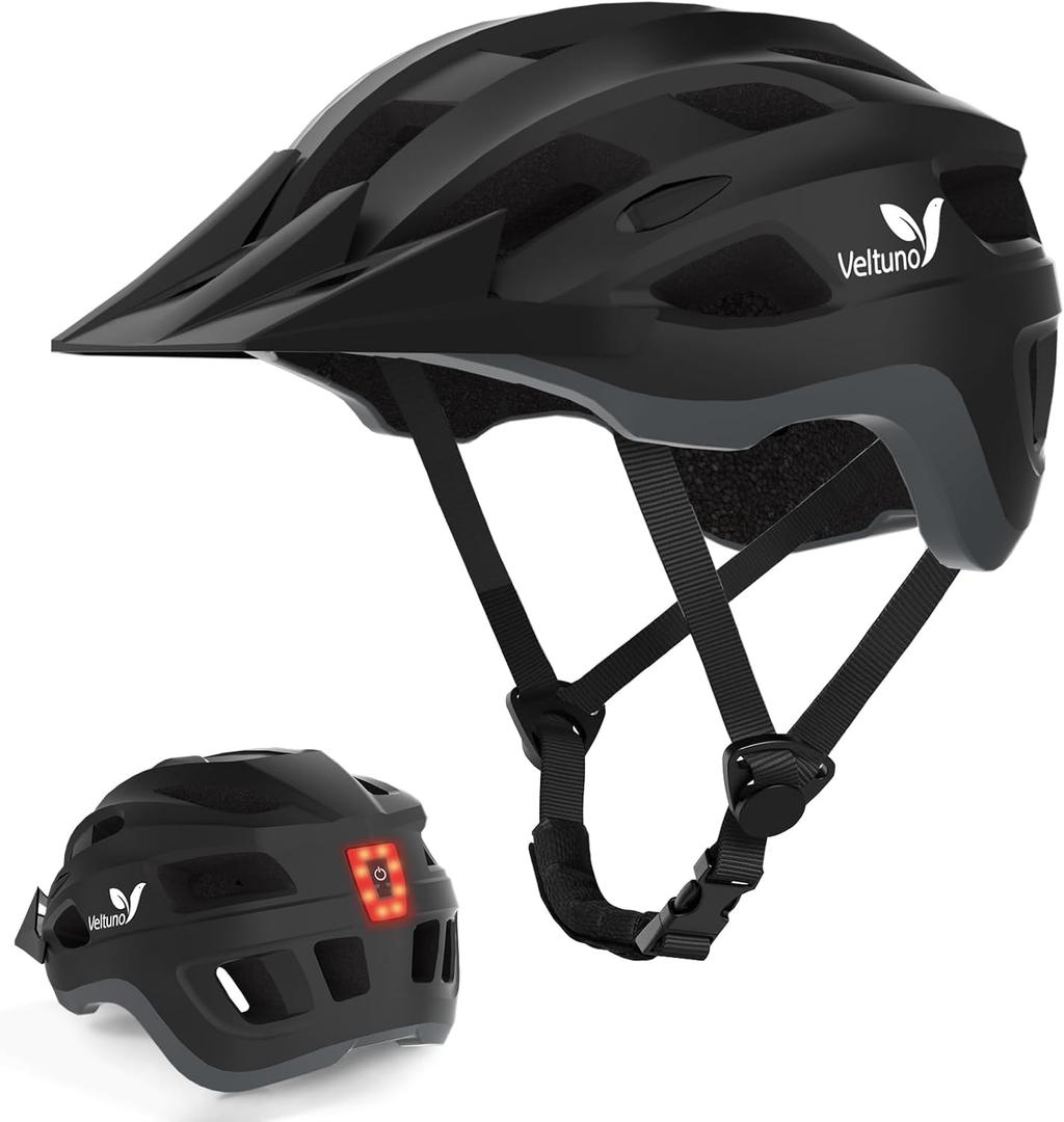 Veltuno Bike Helmet for Adults, Lightweight Mountain Bicycle Helmet with USB Rechargeable LED Rear Light, Removable Sun Visor for Women, Men, Suitable for Cycling and Commuting (Black, Large)