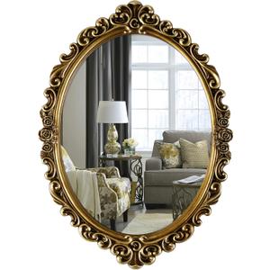 OIGUMR Medium Oval Wall Mirror Resin Frame Size20.4 x 14.5 inch Vintage Hanging Mirrors for Bedroom Living-Room Dresser Decor Gold