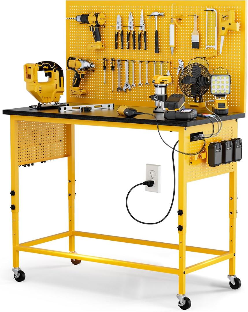 Work Bench, Ferreteriai 47" Heavy Duty Workbench with Power Outlet & USB-C, Exclusive Yellow Side Battery Holder, Adjustable Height, 2100LB Capacity, Locking Wheels for Garage Workshop