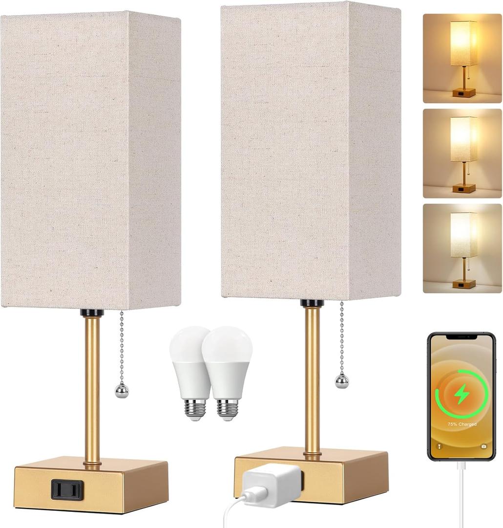 Table Lamp for Bedroom set of 2,3-Color Bedside Lamps with Pull Chain Table Lamps for Nightstand with AC Outlets,Small Night Light Lamps with 2 Bulbs Lamps for Living Room Kids Room Office DecorGold (15inch)
