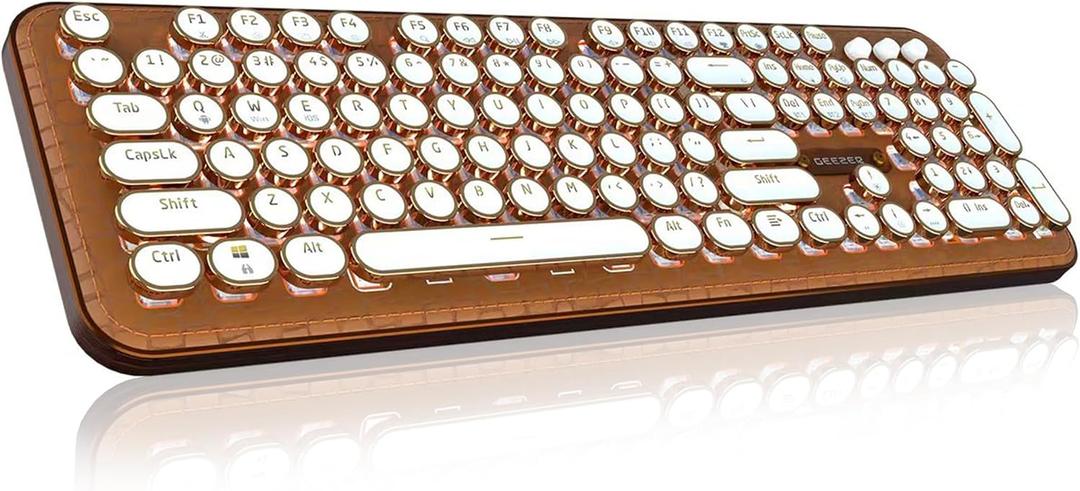 Typewriter Keyboard with Faux Leather Panel, Wireless 2.4G/Bluetooth/Wired USB-C, Aesthetic Mechanical Gaming Keyboard 104-Key Clicky Blue Switch, White LED Backlit, Retro Round Keycap, Brown