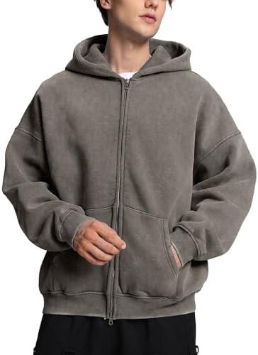 Dnzzs Mens Zip Up Hoodie Oversized Acid Wash Hoodie Heavyweight Fleece Full Zipper Vintage Sweatshirt Fall Fashion Zip Jacket, Large