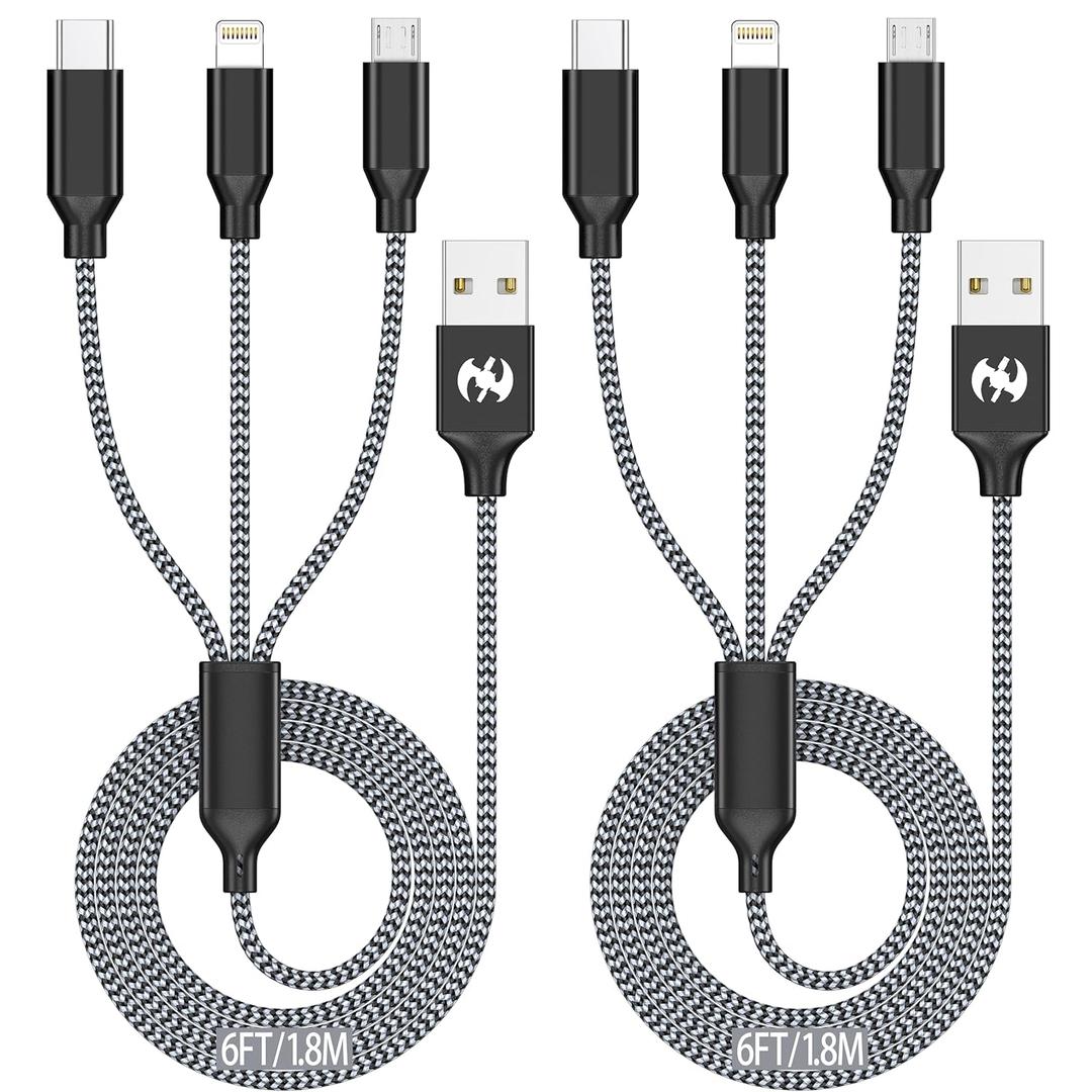 Xnewcable Multi Charging Cable 6ft, 2-Pack 3-in-1 Charger Cord, Multiple Rapid Nylon Braided Cable USB Charging Cable Multi Phone Charger Cord with Type C Micro Lightning USB Connectors for Cell Phones