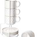 LE TAUCI 4 oz Stackable Espresso Cups with Saucers and Stand, Set of 4, Ceramic Coffee Cup Set for Double Shot, Macchiato, Lungo, Ristretto, Microwave & Oven Safe - Embossed White