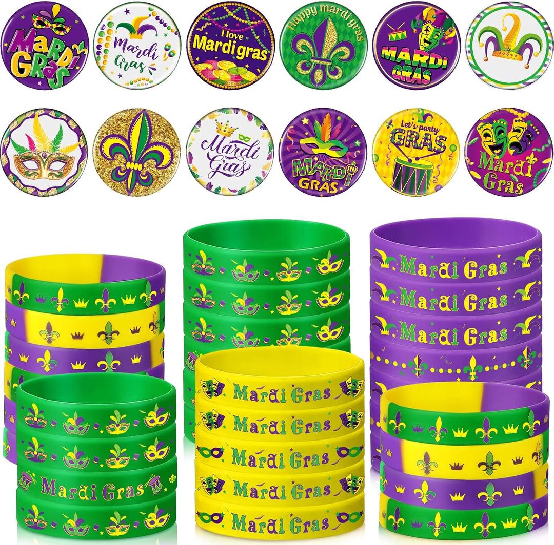 3 x Censen 72 Pcs Mardi Gras Party Favors Garland Crown Mask Sign Silicone Bracelet Rubber Wristband Masquerade Button Badges Pins for New Orleans Themed Fat Tuesday Carnival Supplies