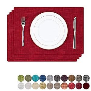 Kevin Textile Burlap Linen Placemats Set of 4 Heat Resistant Dining Table Place Mats Washable Kitchen Table Mats, 13 x19 inches, Burgundy