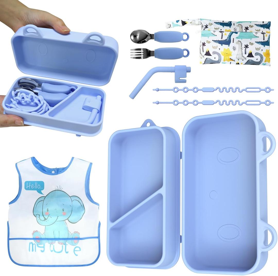 Travel Silicone Baby Feeding Set, 9pcs Portable Feeding Supplies, Toddler Suction Plates, 316 Stainless Steel Spoon & Fork, Silicone Baby Toy Straps, Lightweight Foldable Bib, Straw, Storage Bag