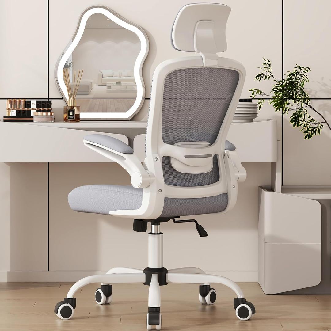 Mimoglad Office Chair, High Back Ergonomic Desk Chair with Adjustable Lumbar Support and Headrest, Swivel Task Chair with flip-up Armrests for Guitar Playing (Moon Grey)