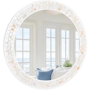 Tanmicoshomy Round Wall Mirror 24 Inch,Circle Mosaic Mirror with Natural Mother of Pearl and Wood Frame, Decorative Coastal Round Wall Mirror for Bathroom Bedroom Living Room Entryway (White)