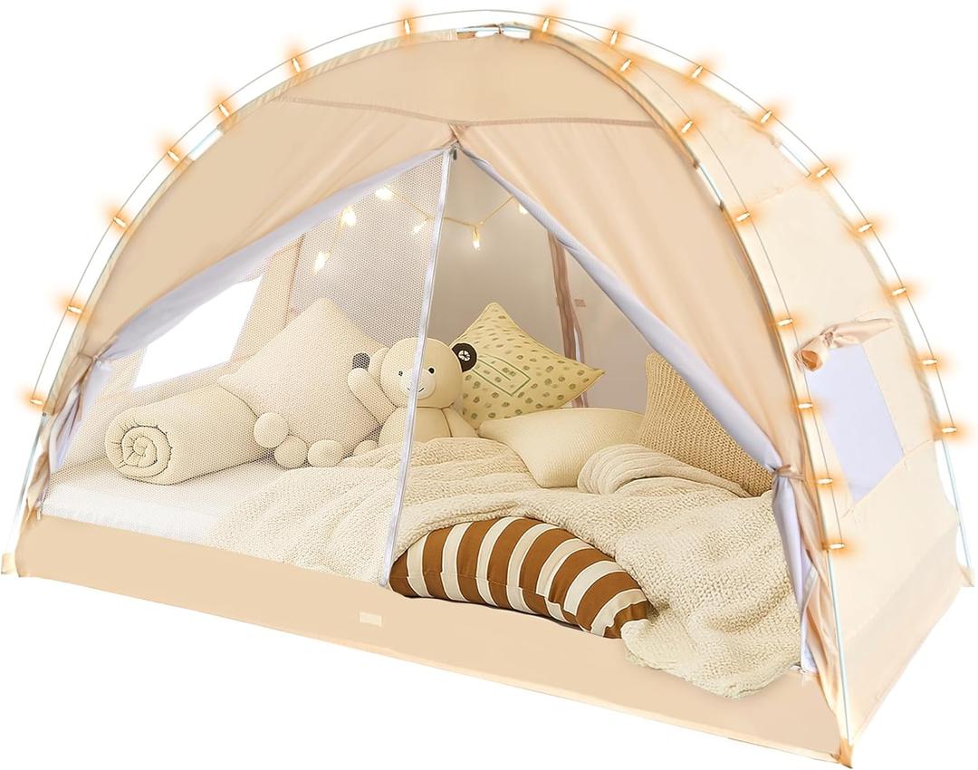 LEEDOR Bed Tent Dream Tents Bed Canopy Shelter Cabin Indoor Privacy Warm Breathable Pop Up Twin/Full/Queen for Kids and Adult Patent Pending(Mattress Not Included) (54"W x 75"L (Pack of 1), Beigewith String Lights)