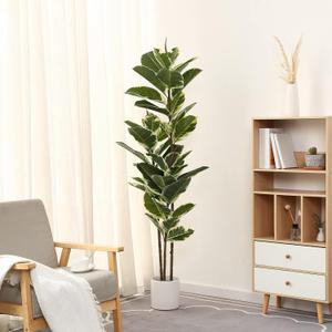 FLOWORLD Artificial Rubber Tree Plant 5ft Tall Faux Ficus Tree Potted Fake Tropical Plants Decorative House Plants Large Floor Artificial Trees for Home Office Store Room Decor