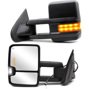 WLLW Power Heated Towing Mirrors fit for 2014 2015 2016 2017 2018 Chevy Silverado 1500 2500 3500 GMC Sierra with Turn Signal Arrow Signal Light Auxiliary Lamp Black Cap Smoke Lamp Housing