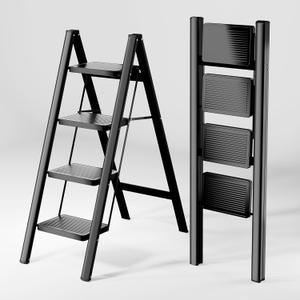 Step Ladder 4 Step Folding, Sturdy 330 Lbs Small Step Stool for Adults, Closet Step Stool Ladder with Anti-Slip Wide Pedals, Portable Folding Ladder for Home Kitchen Office (Black)