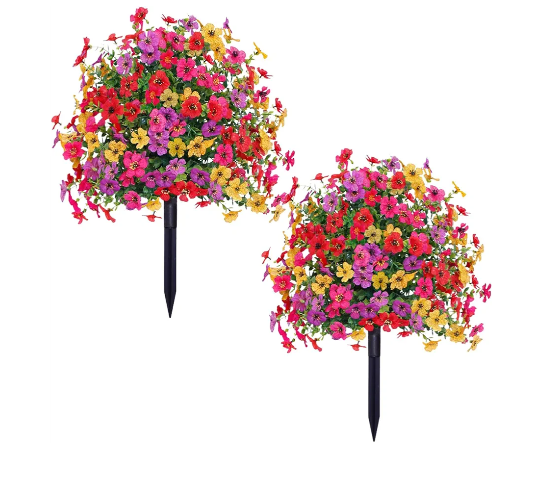 2 Pack Artificial Topiary Trees with Ground Spike, 23.6" UV Resistant Artificial Flowers Fake Boxwood Plants Outdoor for Garden Patio Home Decor (Colorful)