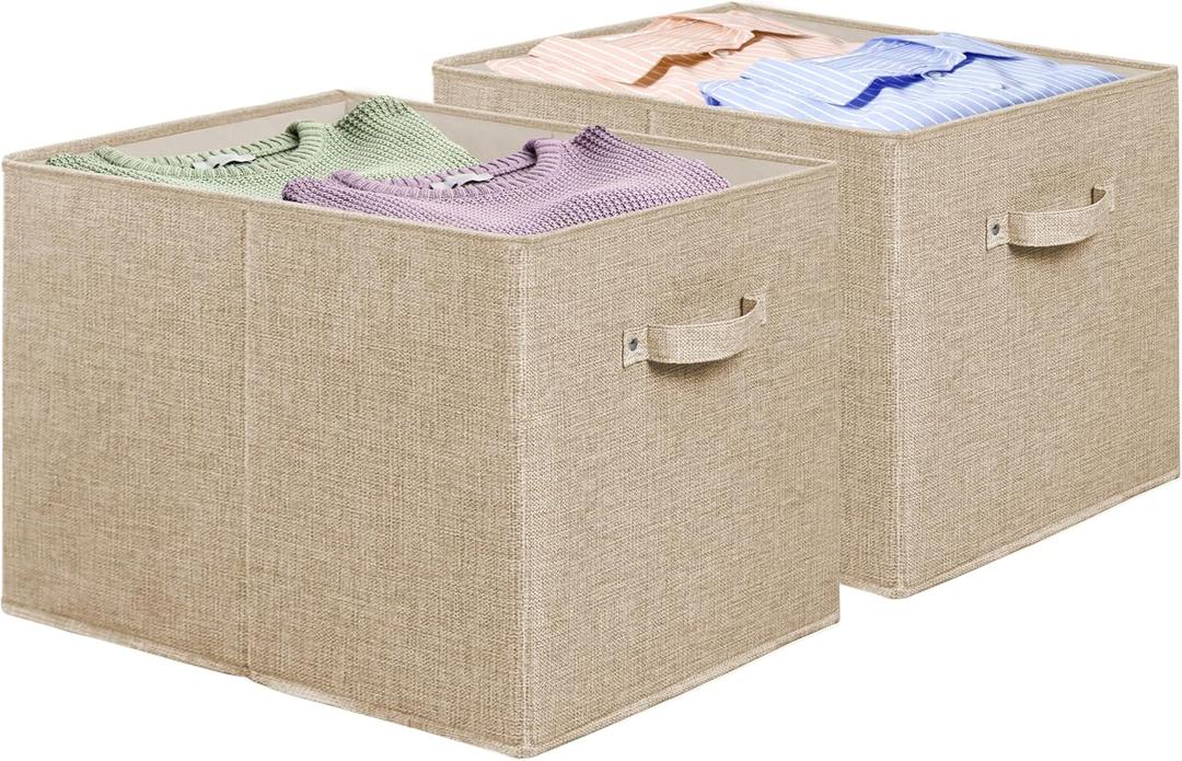 Simple Houseware 15 x 13 Inch Collapsible Fabric Storage Bin with Handles, 2 Pack, Beige