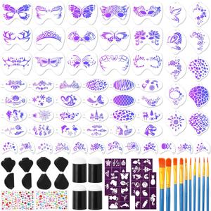 Thenshop 89 Pcs Face Paint Stencils Kits Includes 61 Reusable Facial Painting Stencils with 6 Stickers 12 Face Paint Sponges 10 Painting Brushes Tattoo Templates for Halloween Party Kids Adults Makeup