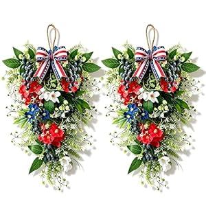 2 Pack 21'' Patriotic Teardrop Swag Wreaths Artificial 4th of July Hanging Swag for Cabinets Red White Blue Floral Navy Blue Berries for Independence Day Memorial Day Front Door Porch Window Wall