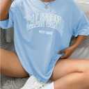 SOLY HUX Women's Graphic Tees Letter Print Half Sleeve Drop Shoulder Oversized T Shirt Loose Casual Tops (Blue, L)