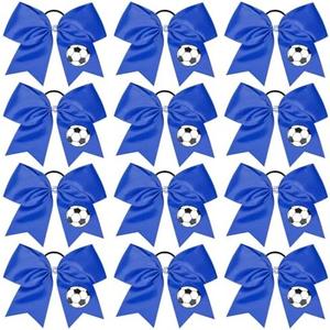 12PCS Soccer Bows 8" Soccer Cheer Bow Large Girls Hair Bows Cheerleading Bows Bulk Elastic Band Ponytail Holder for Teen College Football Competition-Blue