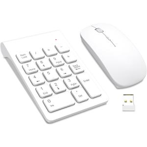 TRELC Wireless Numeric Keypad, Mini 2.4G 18 Keys Number Pad, Portable Silent Financial Accounting Numeric Keypad Keyboard Extensions with Wireless Mouse for Laptop, PC, Desktop, Notebook (White)