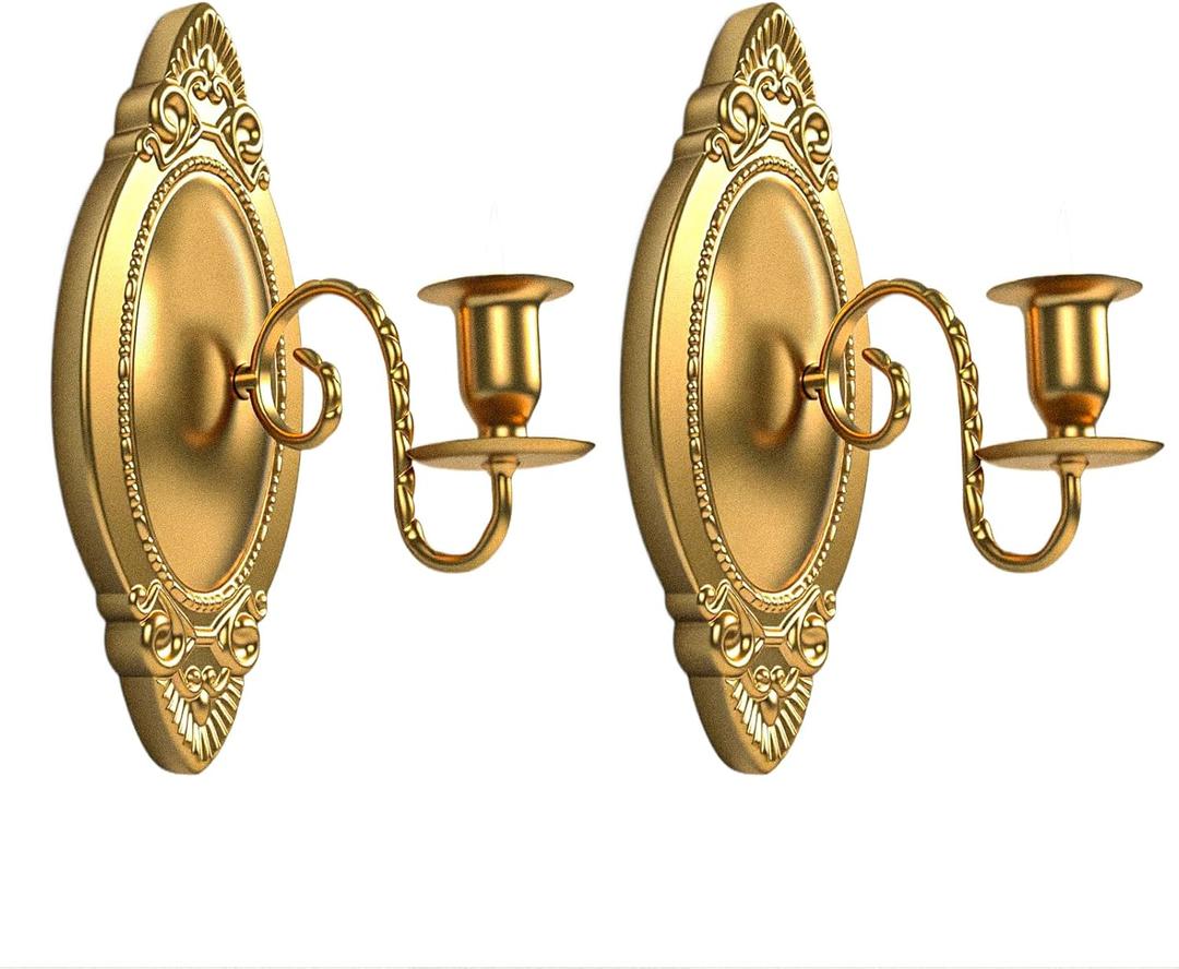 Gold Candle Sconces Set of Two, Brass Color Victorian Royal Wall Sconce, Metal Rustic Candle Holder Baroque Home Wall Decor for Living Room, Dining Room, Bedroom, Fireplace, Hallway, Window