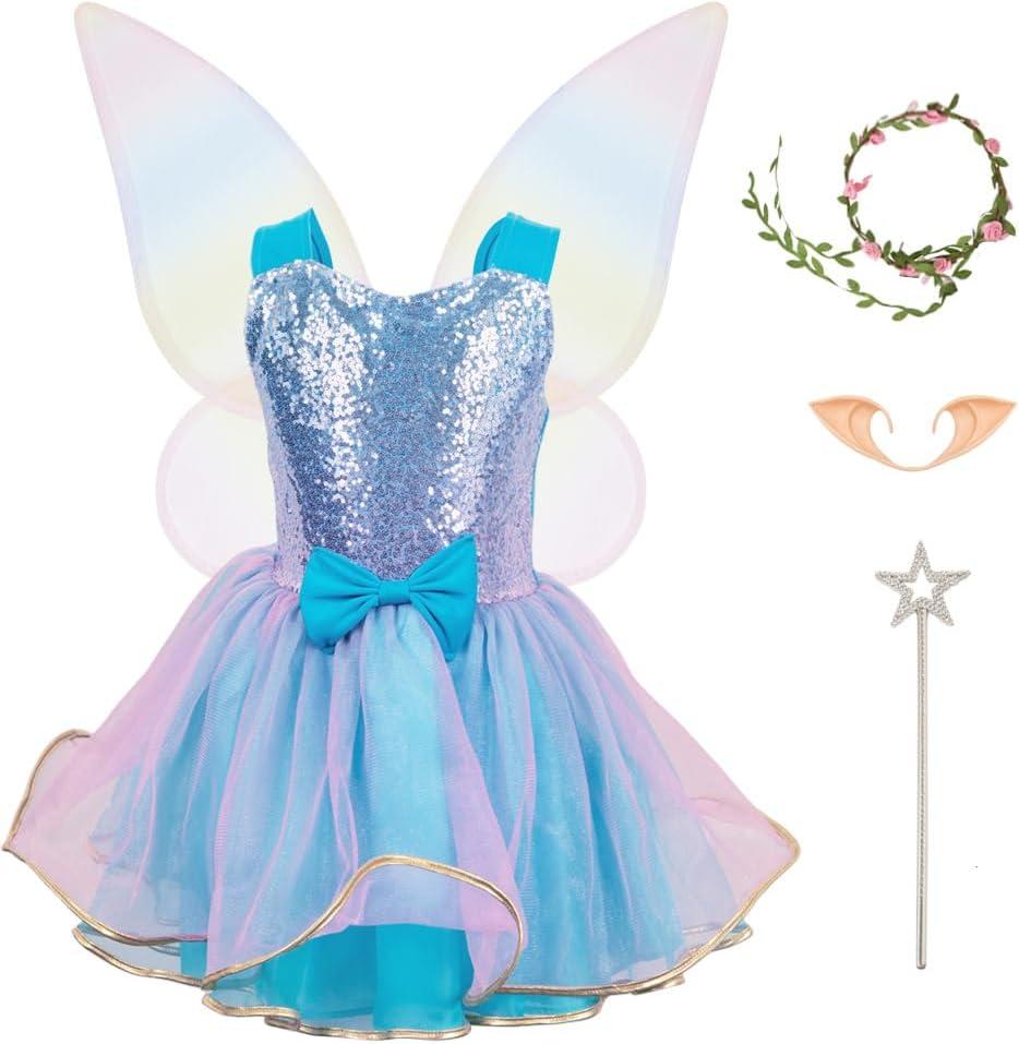 Fairy Costume Dress for Girls 3-10, Fairy Princess Pink Tutu Outfits Butterfly Wings Wand Headband Halloween Gifts