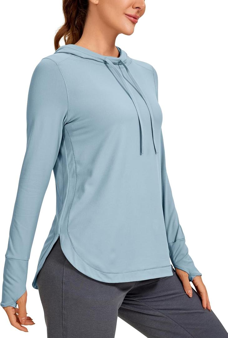 CRZ YOGA Workout Long Sleeve Shirt for Women Hoodie Pullover Athletic Hooded Sweatshirts Sports Gym Tops with Thumbhole (Small, Light Grayish Blue)