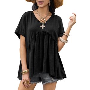 Cicy Bell Womens Summer Peplum Tops Oversized Babydoll Short Sleeve V Neck T Shirts Casual Loose Pleated Swing Blouse (Black, XXL)