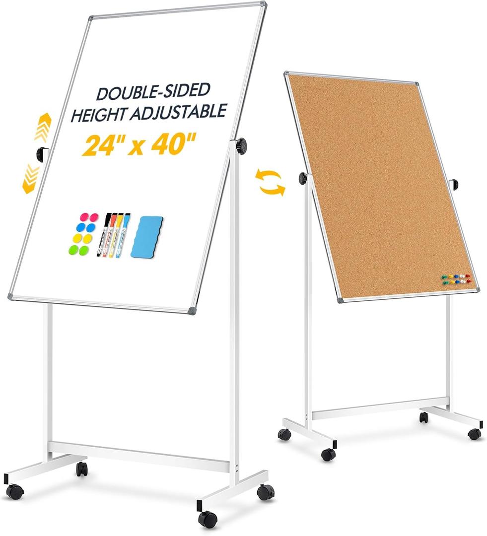 Rolling Whiteboard Corkboard Combo with Stand 24"x40", Double-Sided Mobile Dry Erase Bulletin Board on Wheels, Reversible Height Adjustable Standing Board for Home & Office