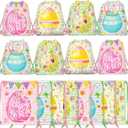 CC HOME 12Pcs Easter Drawstring Bags, Cartoon Colorful Egg Treat Bags, Easter Theme Party Favor Bags for Baby Shower Kids Girls Boys Birthday Party Decorations 10.6 x 13.4 inch