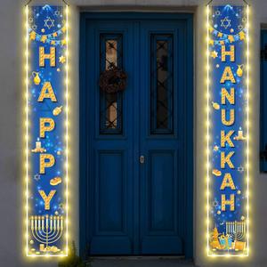 Happy Hanukkah Banner with String Light Hanukkah Porch Sign Banner Chanukah Porch Decorations Jewish Festival Holiday Celebration Decor Party Supplies for Indoor Outdoor Front Door (No Battery)
