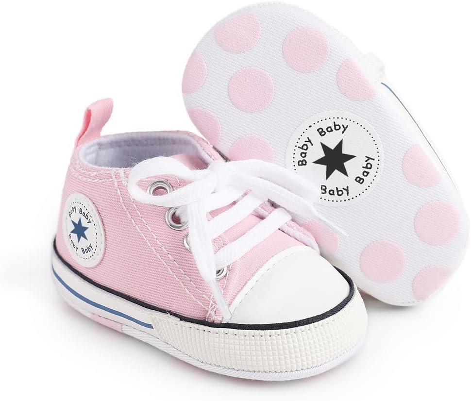 Unisex Baby Boys Girls Shoes, Newborn Infant Non-Slip Canvas Denim High Top Sneakers, Toddler First Walkers Shoes (6-12 Months Infant, 01/Light Pink)