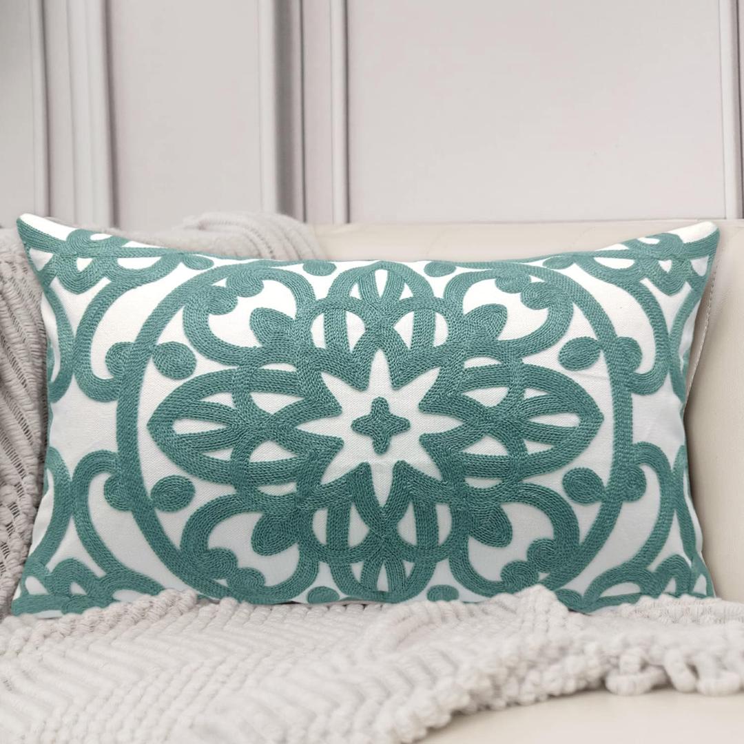 Alysheer Embroidered Lumbar Decorative Throw Pillow Cover 12"x 20", Classic Boho Mandala Embroidery Pattern Cotton Farmhouse Rectangular Cushion Case for Sofa Couch Living Room Bedroom(Dusty Blue)