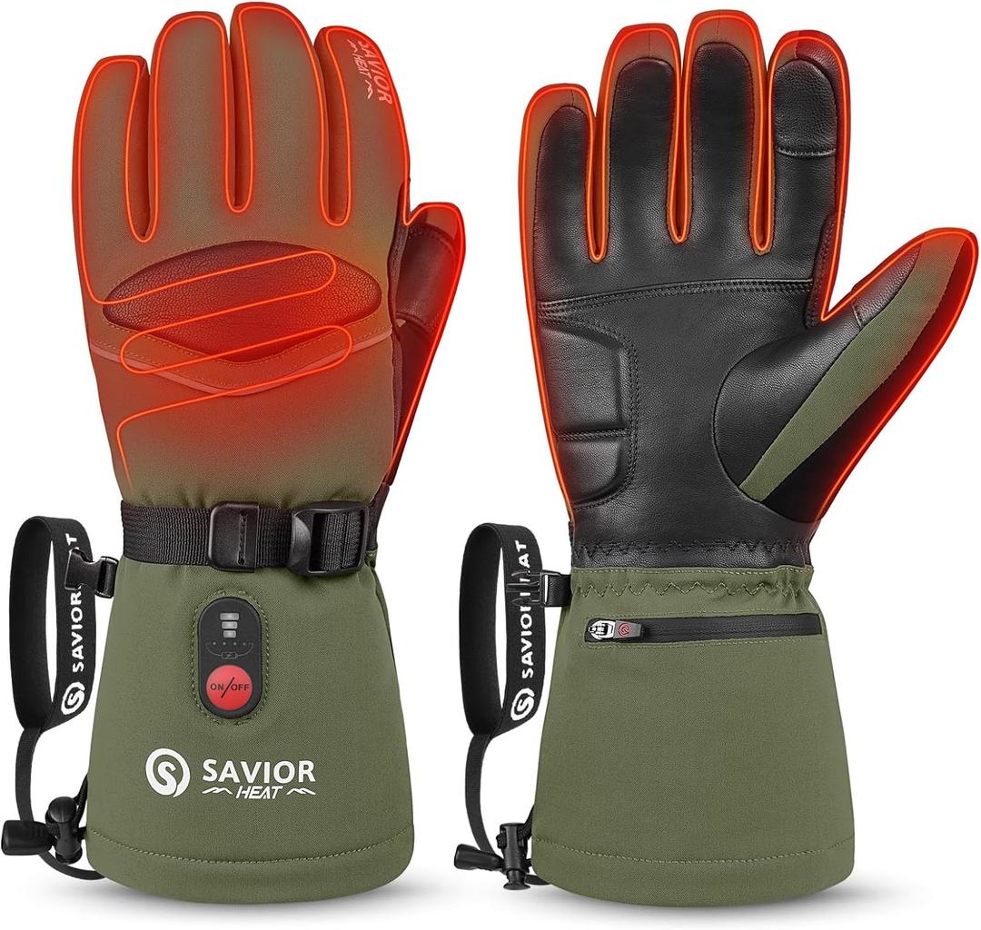 SAVIOR HEAT Heated Gloves for Men Heated Ski Gloves 10h Warm 7.4V 3000mAh Battery Thick Lining Waterproof Goatskin Palm Anti Loss Lanyard Outdoor Skiing Snowboarding for Winter (Large, green)