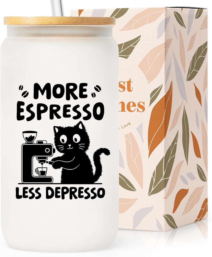 Shqiueos Funny Cat Frosted Glass Tumbler with Lid and Straw 16oz, Cute Coffee Cup for Cat Lovers, Cheer Up Gift for Friends Coworkers, Iced Coffee Glass