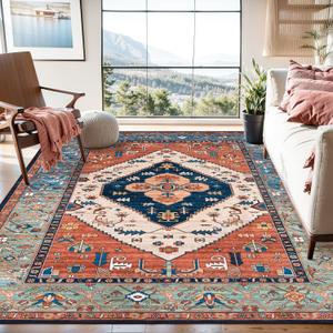 Lahome 8 x 10 Area Rugs for Living Room Boho Washable Non-Slip Backing Large Rug Ultra-Thin Stain Resistant Dining Room Rugs for Under Table, Oriental Print Rugs for Bedroom Adelyn (Rust, 8'x10')
